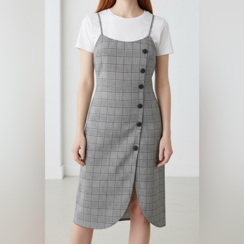 Mango Sz XS Houndstooth Plaid Pinafore Jumper Skirtall Dress Black Grey
